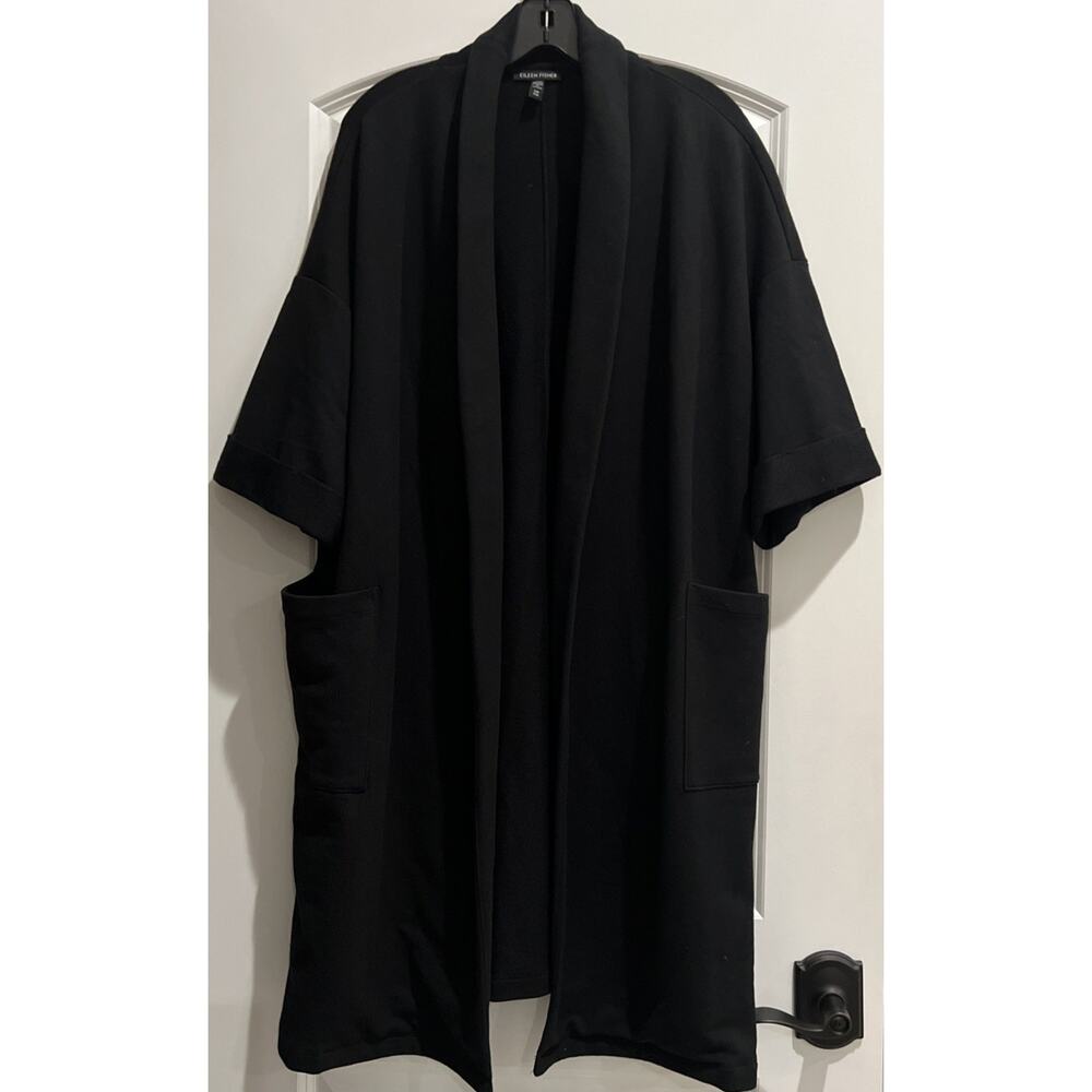 EILEEN FISHER Duster Cardigan Sweater Sz Small Cotton Black Open Lagenlook